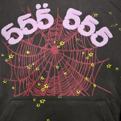 Full graphic artwork on Sp5der Angel Number Hoodie Brown with pink 555 lettering and red spider web
Close-up of raised pink 555 puff-print lettering on Sp5der Angel Number Hoodie Brown
Side angle showing the three-dimensional pink puff-print texture on Sp5der 555 Hoodie Brown