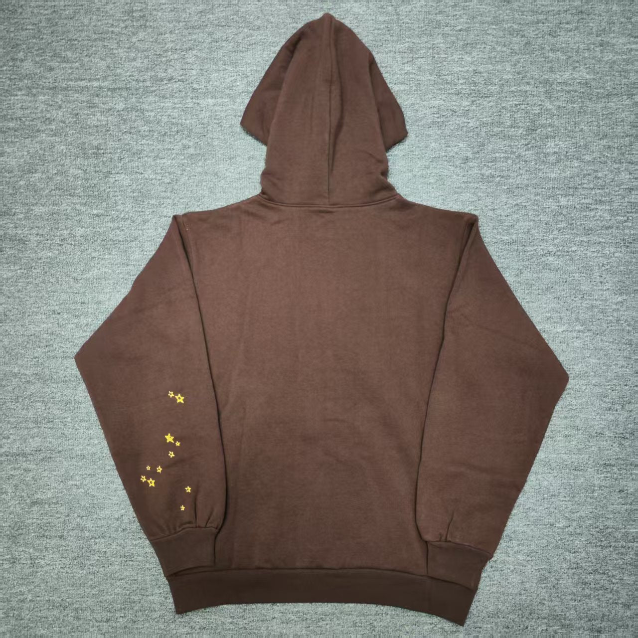 Sp5der Angel Number 555 Hoodie Brown back view showing the hood and pullover silhouette