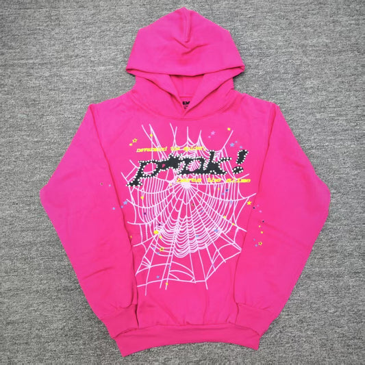 Sp5der P*NK Hoodie Pink front view with black lettering, white spider web and multicolor stars
