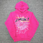 Sp5der P*NK Hoodie Pink front view with black lettering, white spider web and multicolor stars
