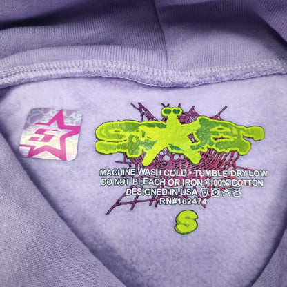Sp5der Acai Hoodie Purple neck label and size tag detail
Sp5der Acai Hoodie Purple care label and washing instruction detail