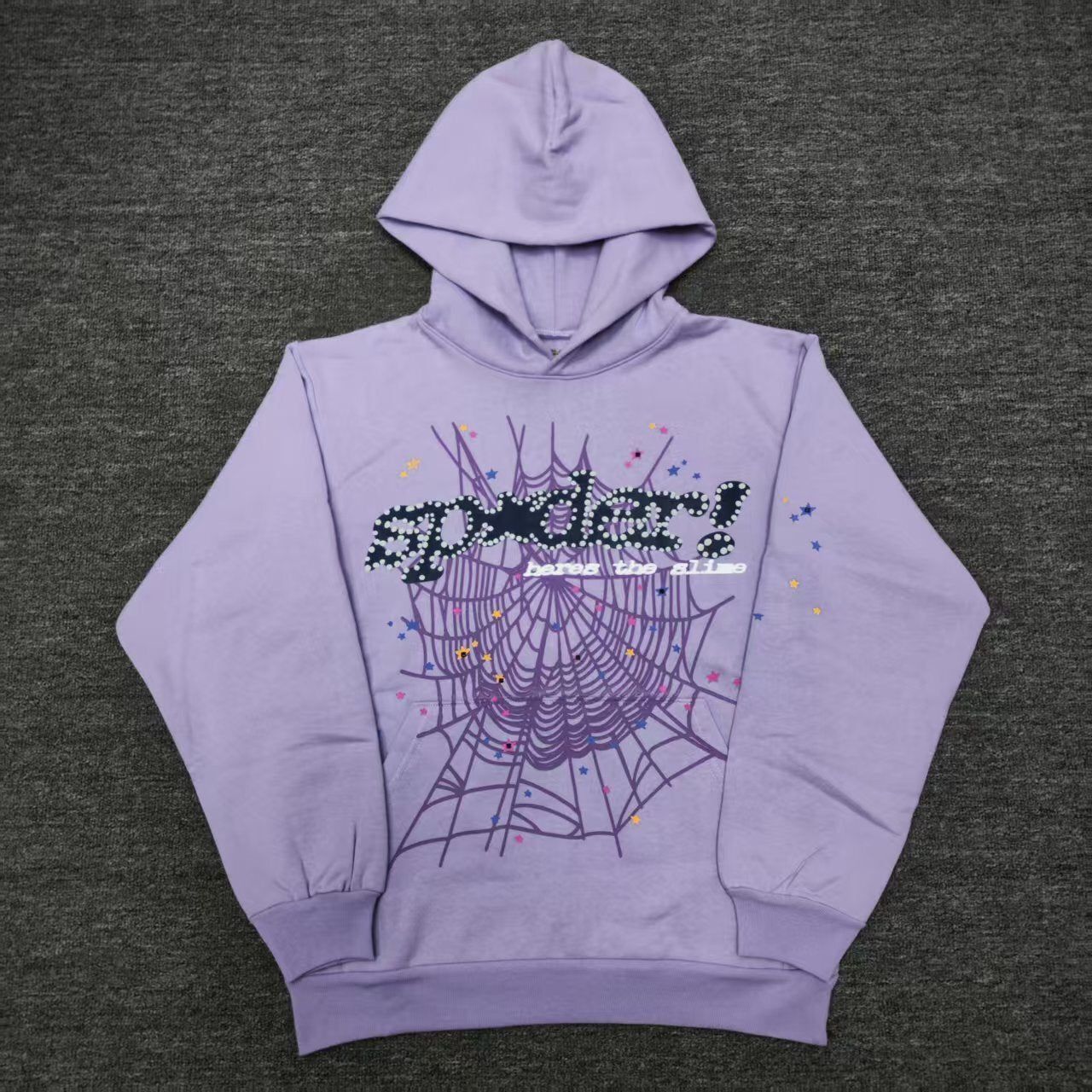 Sp5der Acai Hoodie Purple front view with raised black lettering, purple web and multicolor stars