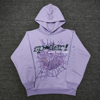 Sp5der Acai Hoodie Purple front view with raised black lettering, purple web and multicolor stars