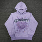 Sp5der Acai Hoodie Purple front view with raised black lettering, purple web and multicolor stars