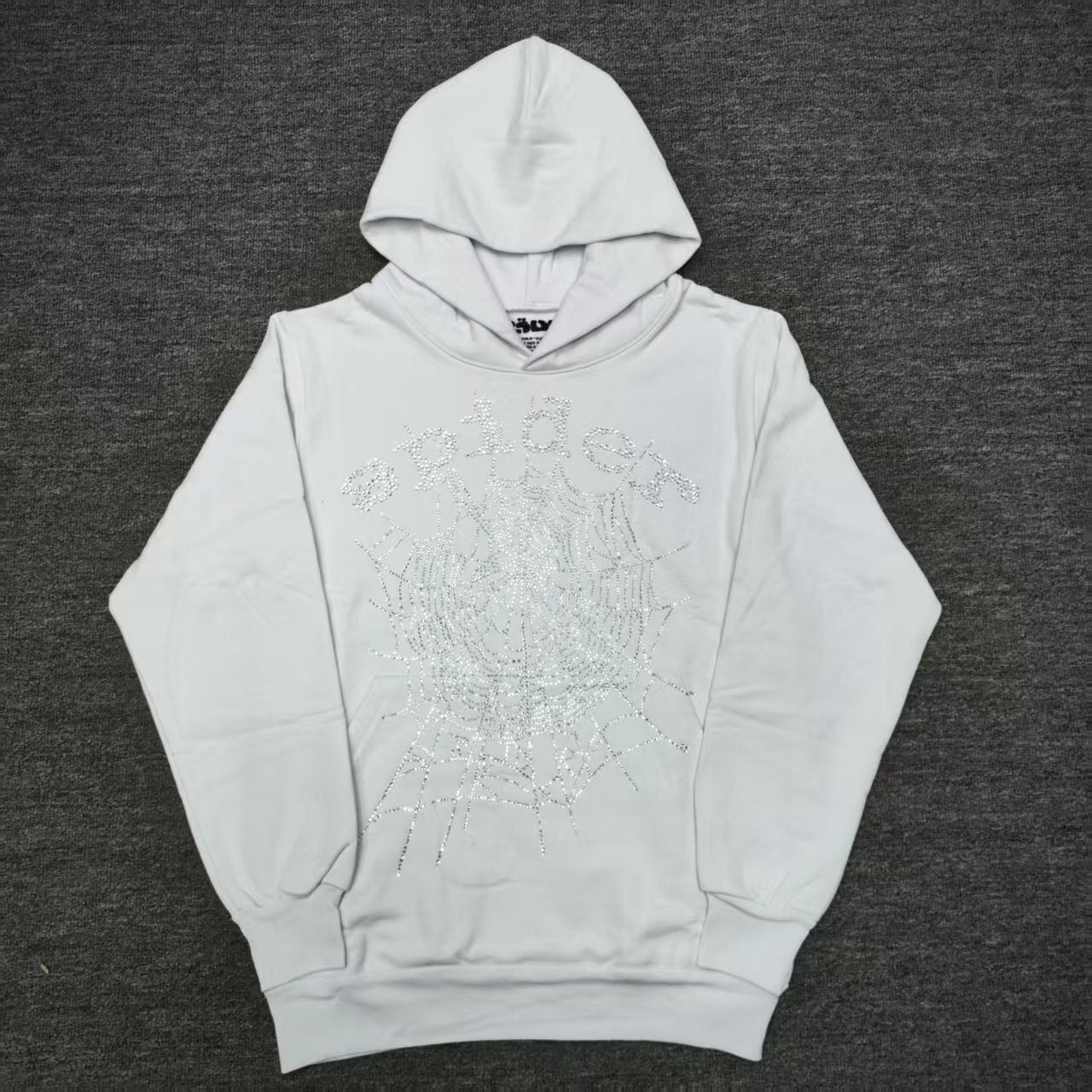 Sp5der OG Rhinestone Logo Hoodie White front view with silver crystal logo and spider web