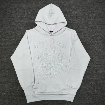 Sp5der OG Rhinestone Logo Hoodie White front view with silver crystal logo and spider web