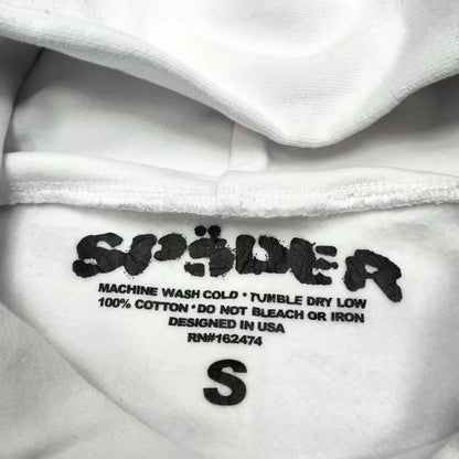 Sp5der OG Rhinestone Logo Hoodie White neck label and size tag detail
Sp5der OG Rhinestone Logo Hoodie White care label and washing instruction detail