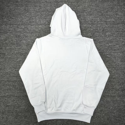 Sp5der OG Rhinestone Logo Hoodie White back view showing the hood and pullover construction