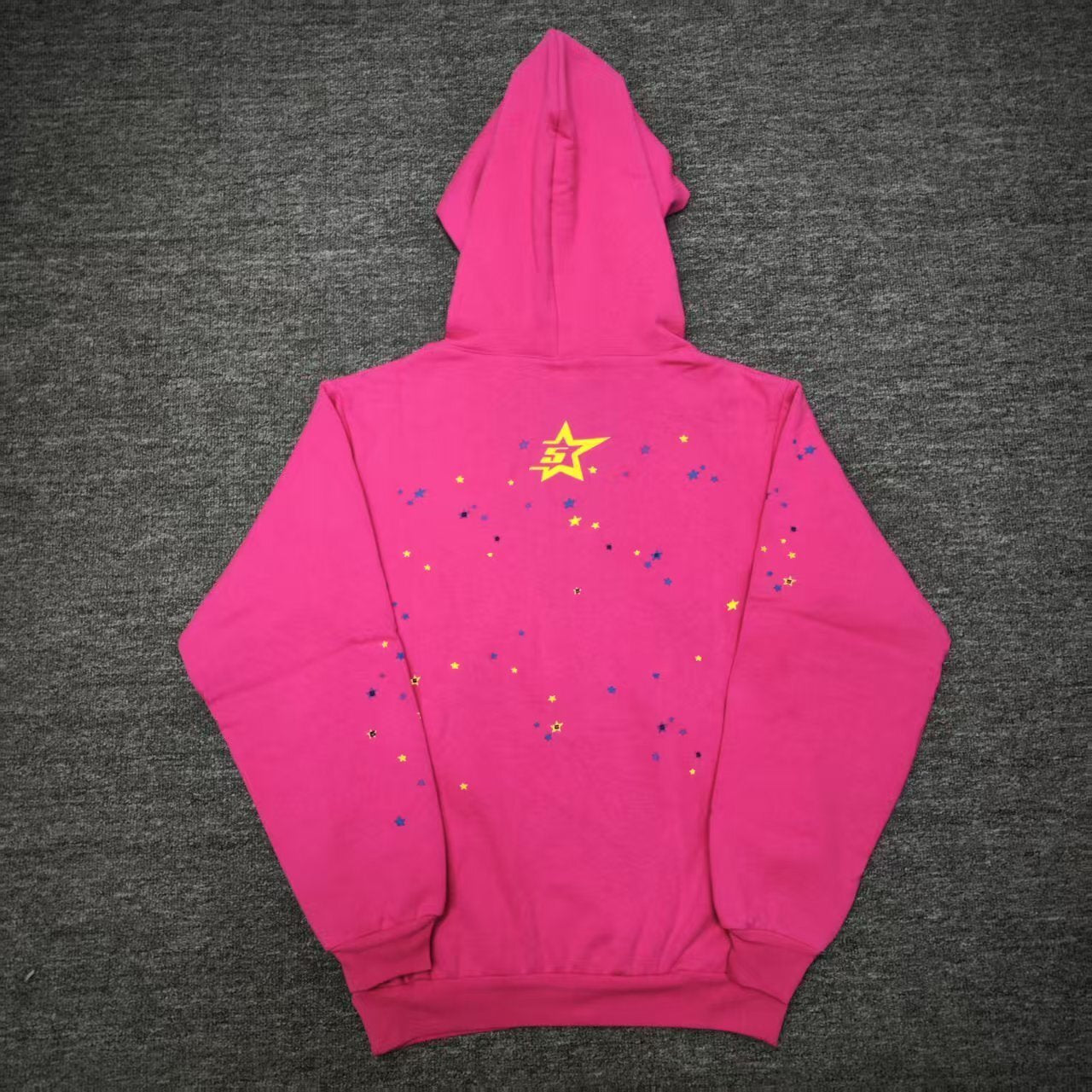 Sp5der P*NK V2 Hoodie Pink back view showing the hood, rear graphic details and ribbed hem