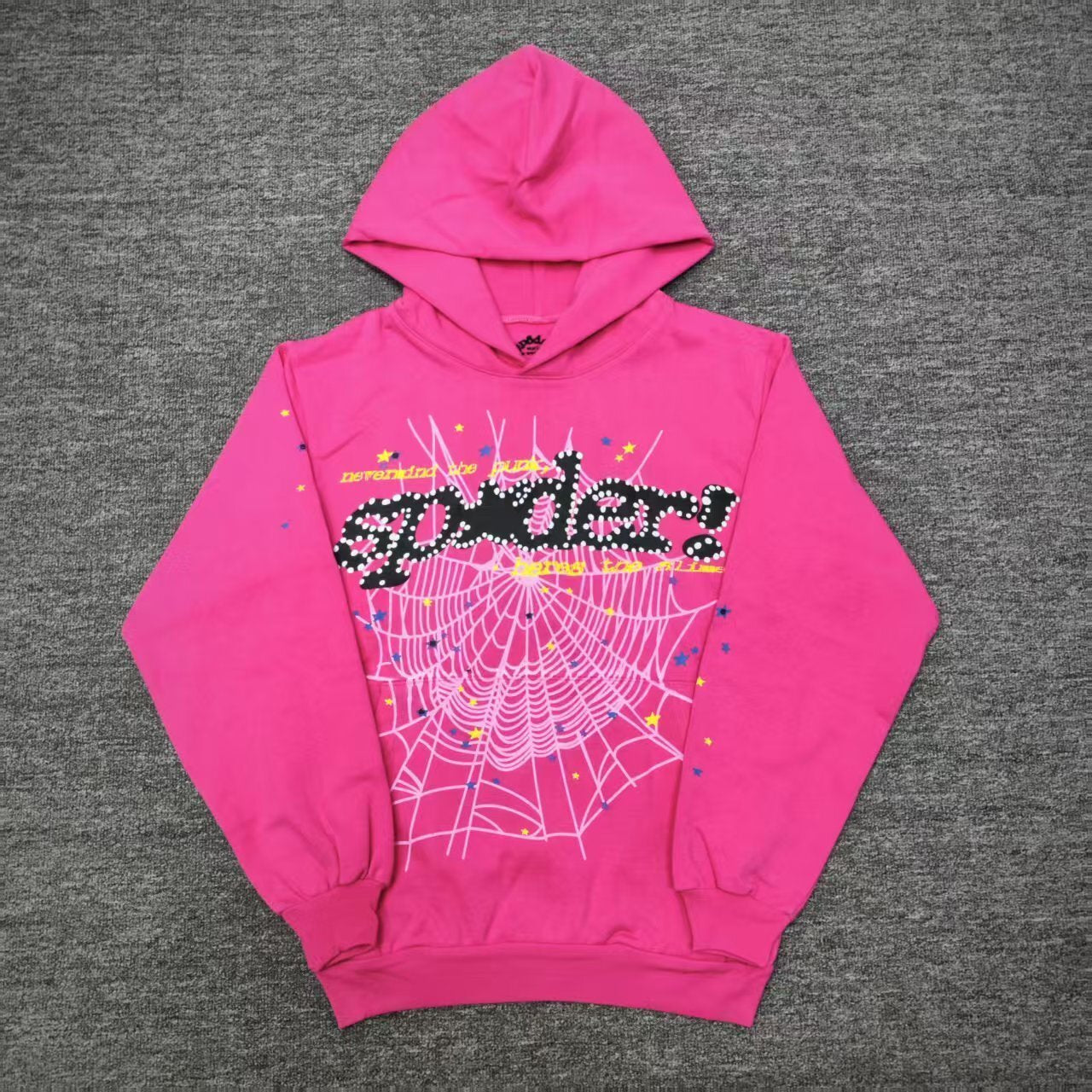 Sp5der P*NK V2 Hoodie Pink front view with black lettering, white spider web and colorful stars