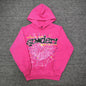 Sp5der P*NK V2 Hoodie Pink front view with black lettering, white spider web and colorful stars