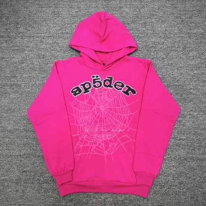 Sp5der Legacy Hoodie Pink White front view with black puff logo, rhinestone trim and tonal web graphic