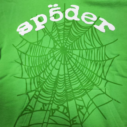 Full front artwork on Sp5der Web Hoodie Slime Green with white puff lettering and tonal web graphic
Close-up of raised white Sp5der puff-print lettering on the Slime Green Web Hoodie
Side angle showing the three-dimensional white puff-print texture on Sp5der Slime Green Hoodie