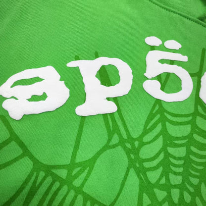 Full front artwork on Sp5der Web Hoodie Slime Green with white puff lettering and tonal web graphic
Close-up of raised white Sp5der puff-print lettering on the Slime Green Web Hoodie
Side angle showing the three-dimensional white puff-print texture on Sp5der Slime Green Hoodie