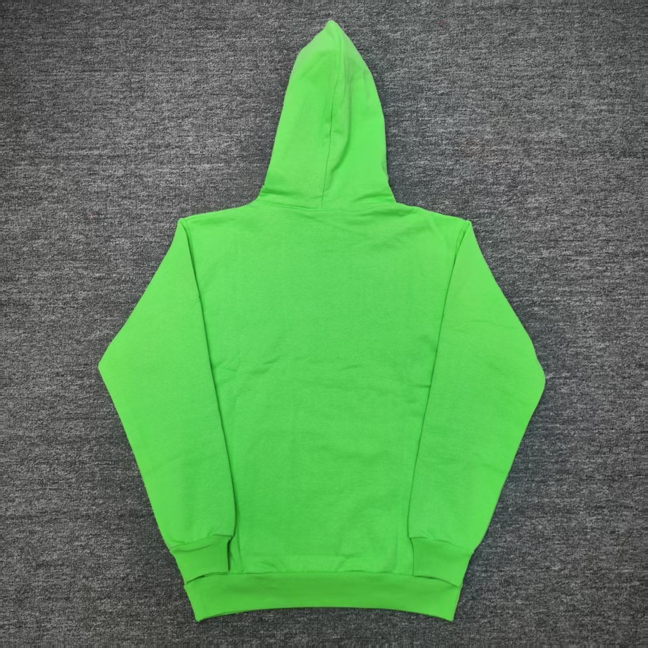 Sp5der Web Hoodie Slime Green back view showing the hood, pullover construction and ribbed hem