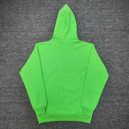 Sp5der Web Hoodie Slime Green back view showing the hood, pullover construction and ribbed hem
