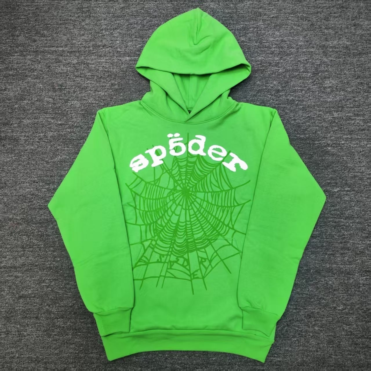 Sp5der Web Hoodie Slime Green front view with raised white logo and tonal spider web graphic