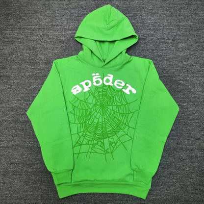 Sp5der Web Hoodie Slime Green front view with raised white logo and tonal spider web graphic