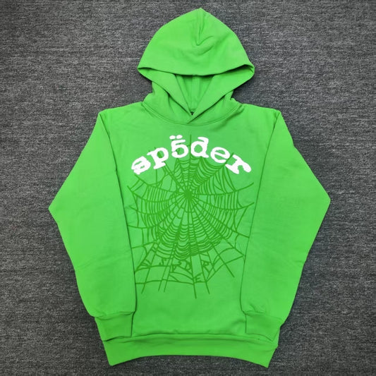Sp5der Web Hoodie Slime Green front view with raised white logo and tonal spider web graphic