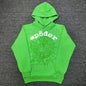 Sp5der Web Hoodie Slime Green front view with raised white logo and tonal spider web graphic