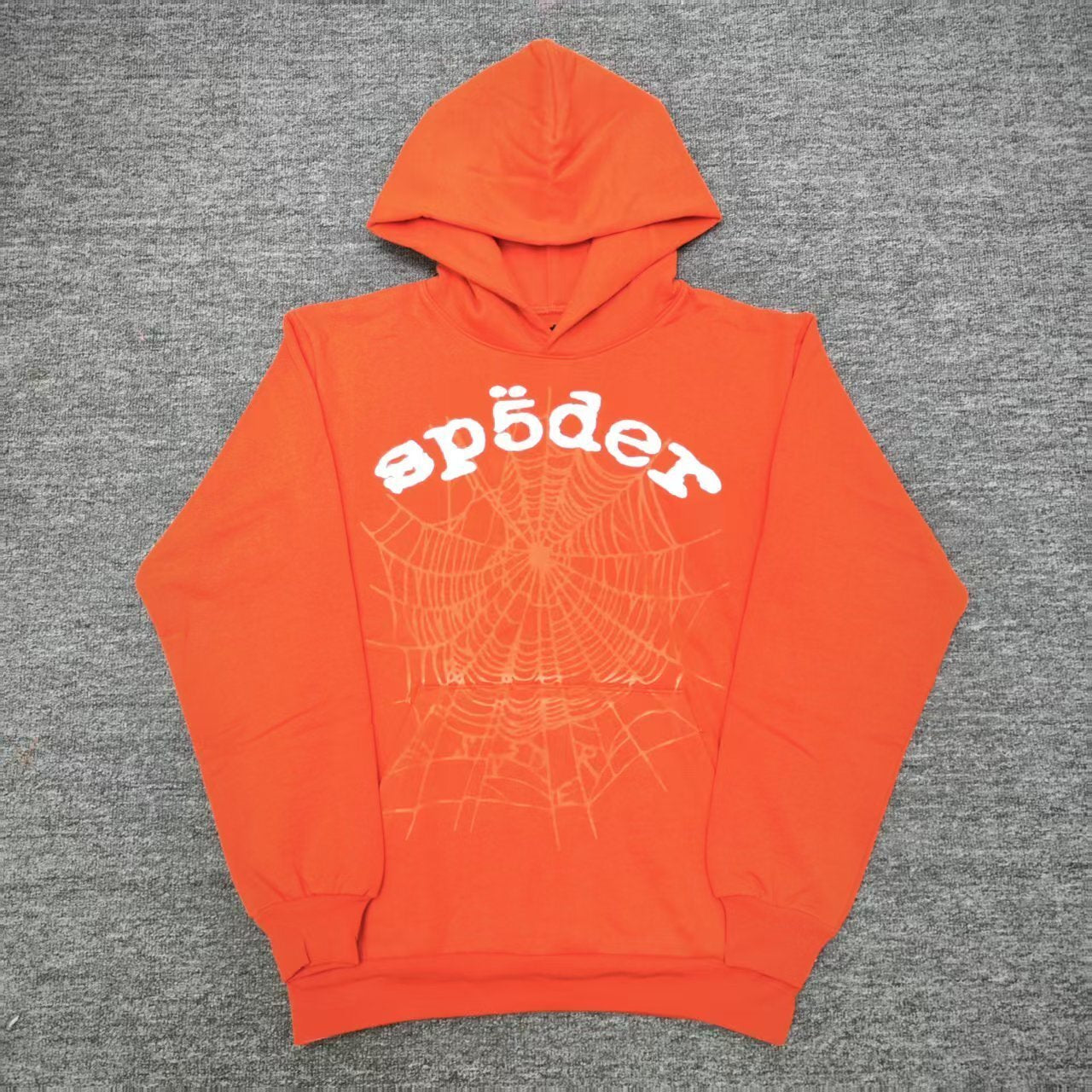 Sp5der Logo Hoodie Sweatshirt Orange front view with raised white lettering and tonal spider web