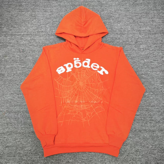 Sp5der Logo Hoodie Sweatshirt Orange front view with raised white lettering and tonal spider web