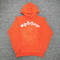 Sp5der Logo Hoodie Sweatshirt Orange front view with raised white lettering and tonal spider web