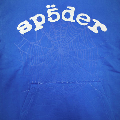 Full front artwork on Sp5der Logo Hoodie Blue with raised white logo and tonal web graphic
Close-up of raised white Sp5der lettering on the Blue Logo Hoodie
Side angle showing the three-dimensional raised white logo detail on Sp5der Blue Hoodie
Close-up of tonal spider-web artwork across the front of Sp5der Logo Hoodie Blue