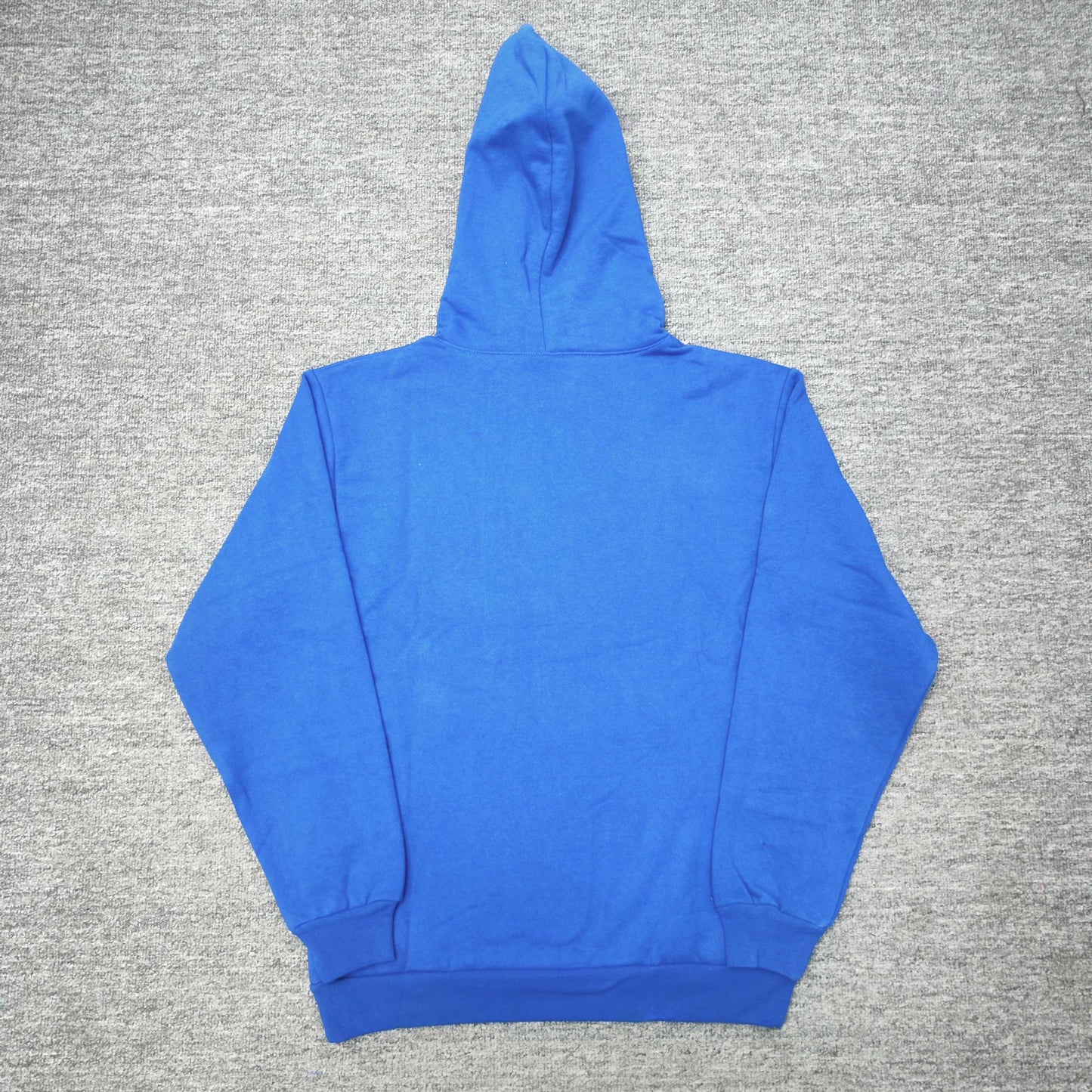 Sp5der Logo Hoodie Blue back view showing the hood, pullover construction and ribbed hem
