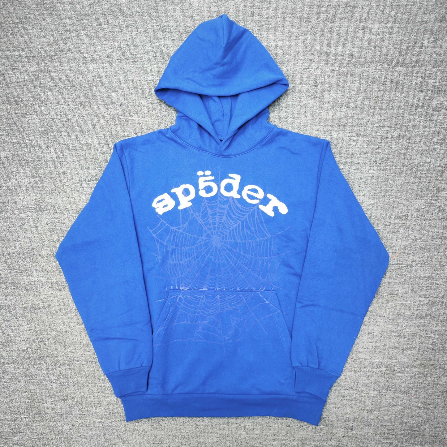 Sp5der Logo Hoodie Blue front view with raised white lettering and tonal spider-web graphic