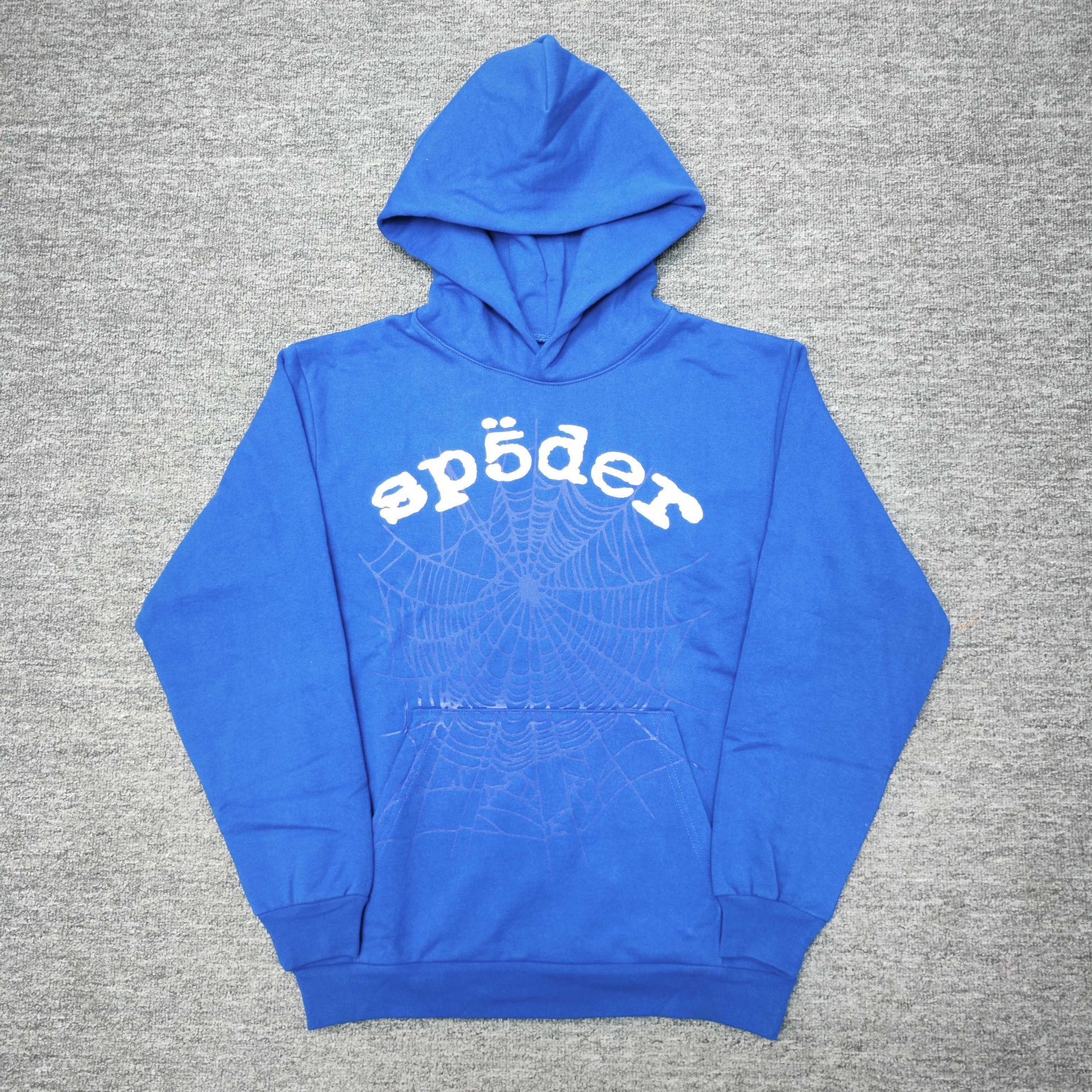 Sp5der Logo Hoodie Blue front view with raised white lettering and tonal spider-web graphic