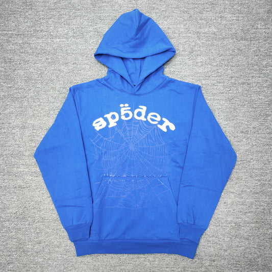 Sp5der Logo Hoodie Blue front view with raised white lettering and tonal spider-web graphic
