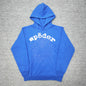 Sp5der Logo Hoodie Blue front view with raised white lettering and tonal spider-web graphic