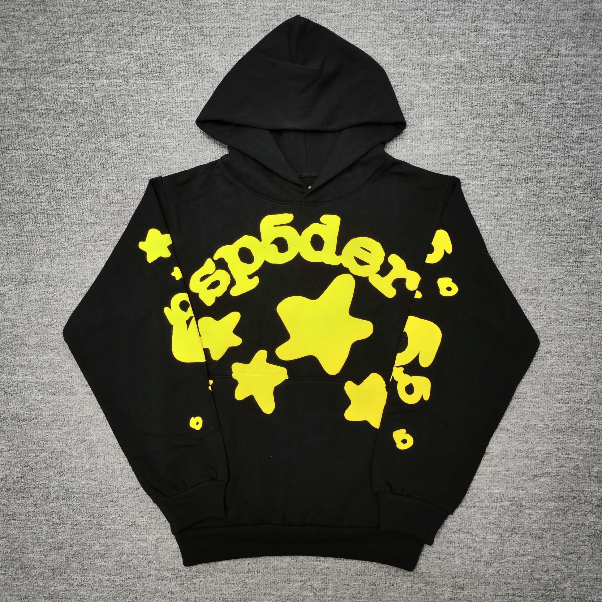 Sp5der Beluga Hoodie Onyx Yellow front view with raised yellow lettering and oversized star graphics