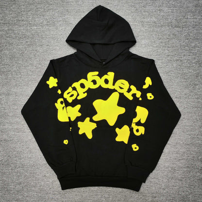 Sp5der Beluga Hoodie Onyx Yellow front view with raised yellow lettering and oversized star graphics