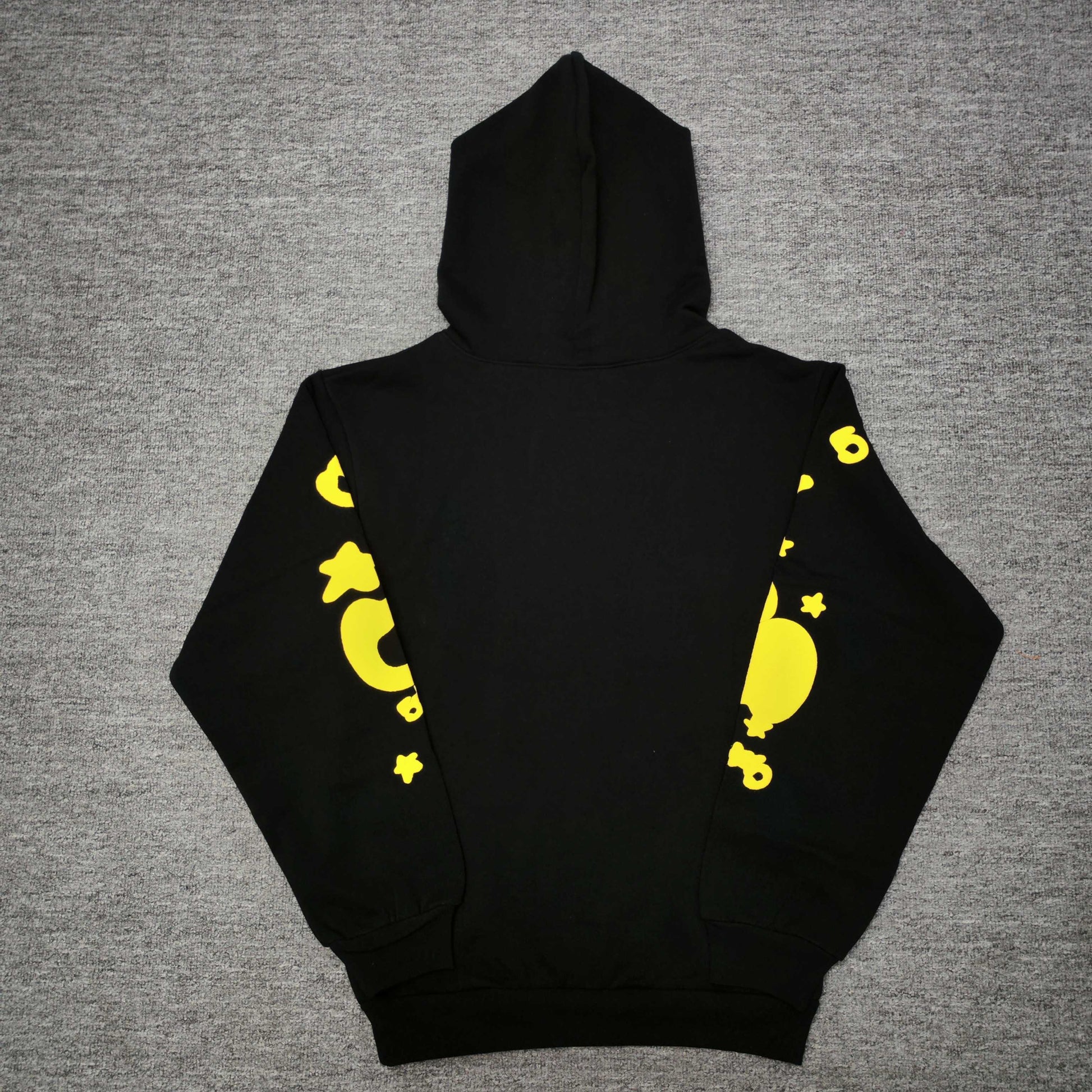 Sp5der Beluga Hoodie Onyx Yellow back view showing the hood, rear construction and ribbed hem