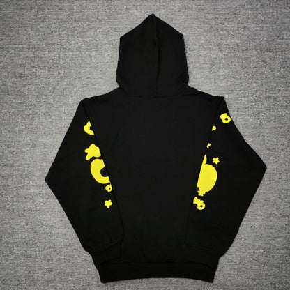 Sp5der Beluga Hoodie Onyx Yellow back view showing the hood, rear construction and ribbed hem