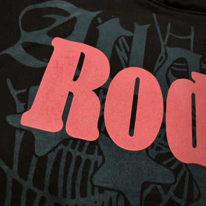 Full raised graphic on Days Before Rodeo Hoodie Brown with red RODEO lettering, ATLANTA text and spider web
Close-up of raised red RODEO lettering on Travis Scott x Sp5der brown hoodie
Side angle showing the three-dimensional raised print texture on Days Before Rodeo Hoodie Brown