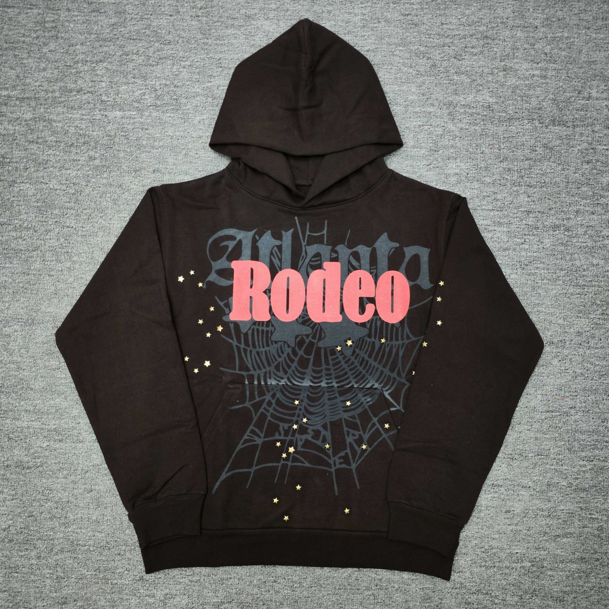 Travis Scott x Sp5der Days Before Rodeo Hoodie Brown front view with red RODEO lettering and gold stars