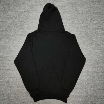 Sp5der Rhinestone OG Web V2 Hoodie Black back view showing the plain hood and pullover shape