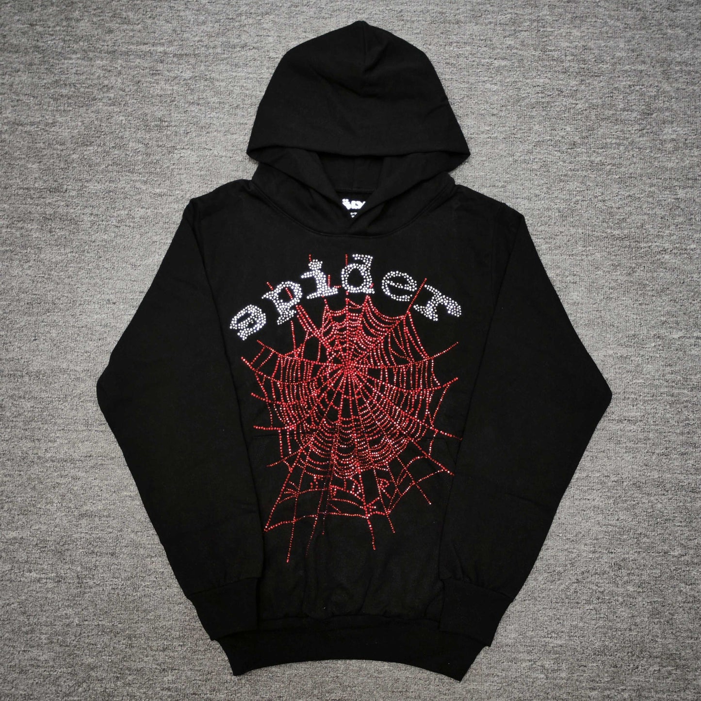 Sp5der Rhinestone OG Web V2 Hoodie Black front view with silver crystal lettering and red web