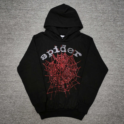 Sp5der Rhinestone OG Web V2 Hoodie Black front view with silver crystal lettering and red web