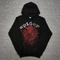 Sp5der Rhinestone OG Web V2 Hoodie Black front view with silver crystal lettering and red web
