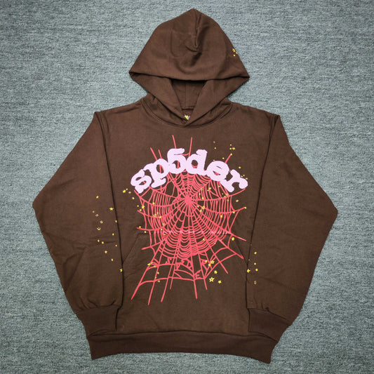 Sp5der Web Hoodie Brown front view with raised pink logo, red spider web and yellow stars