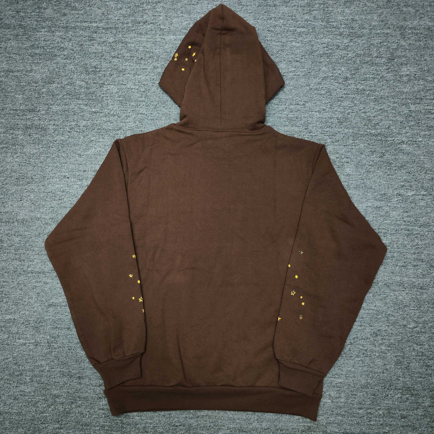Sp5der Web Hoodie Brown back view showing the hood, pullover shape and ribbed hem