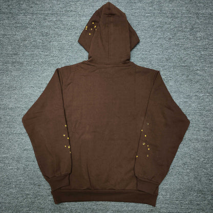 Sp5der Web Hoodie Brown back view showing the hood, pullover shape and ribbed hem
