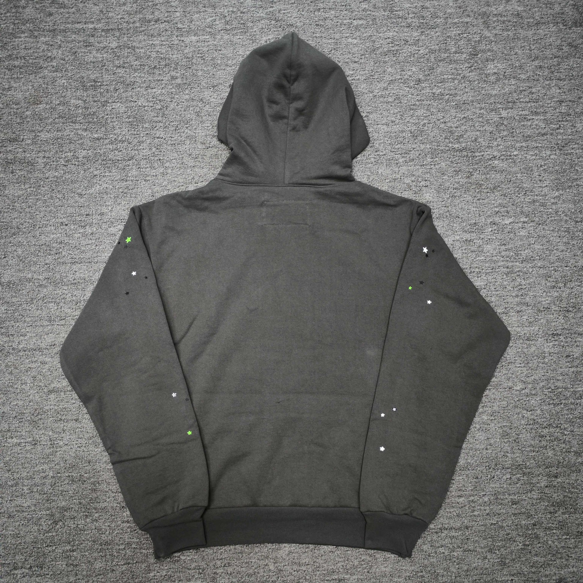 Sp5der Punk V2 Hoodie Slate Grey back view with star graphic, hood and ribbed hem