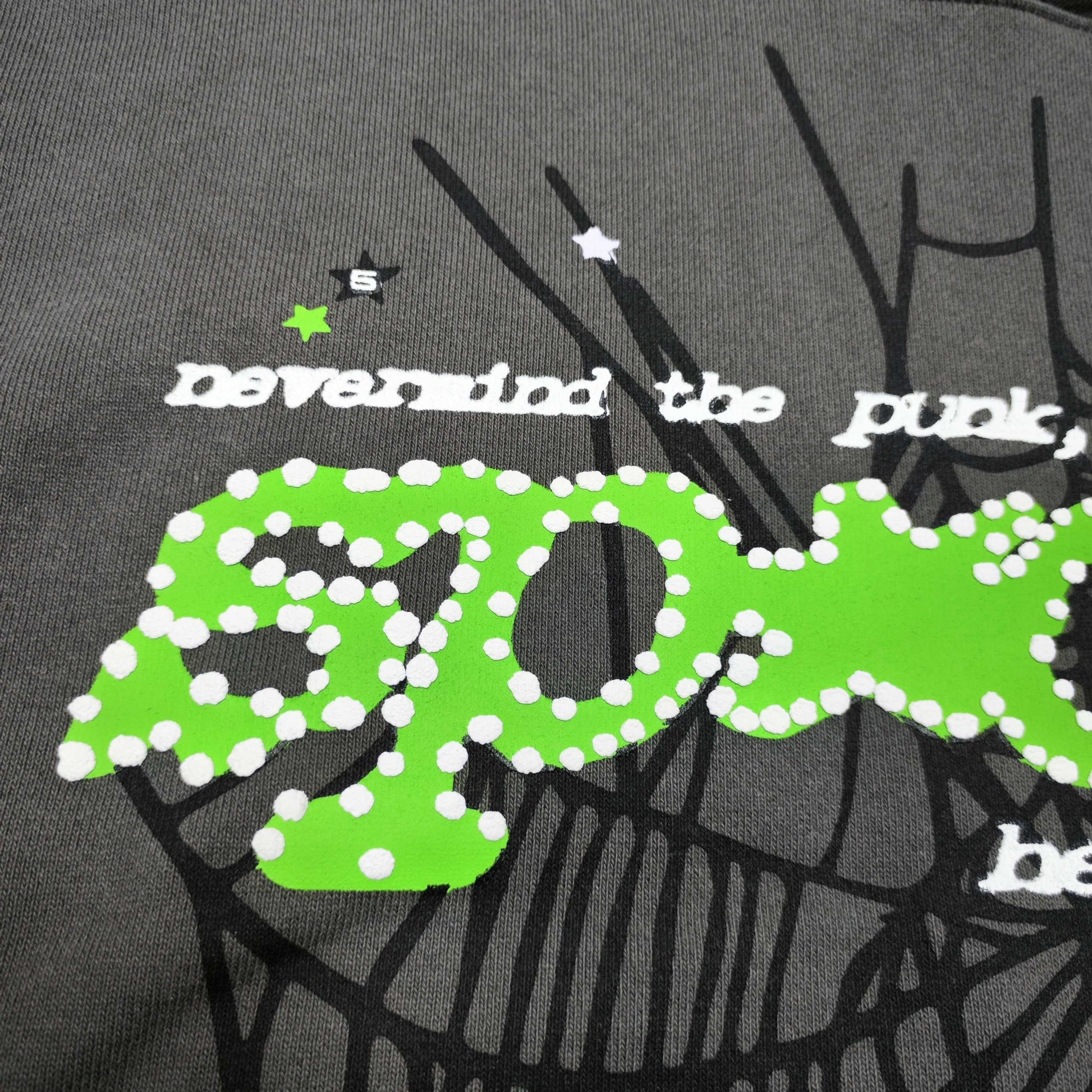 Full front artwork on Sp5der Punk V2 Hoodie Slate Grey with green puff logo and black spider web
Close-up of neon-green SP5DER puff-print lettering with white dot details on the Slate Grey Hoodie
Side angle showing the three-dimensional neon-green puff-print texture on Sp5der Punk V2 Hoodie
Close-up of black spider-web artwork on the front of Sp5der Punk V2 Hoodie Slate Grey