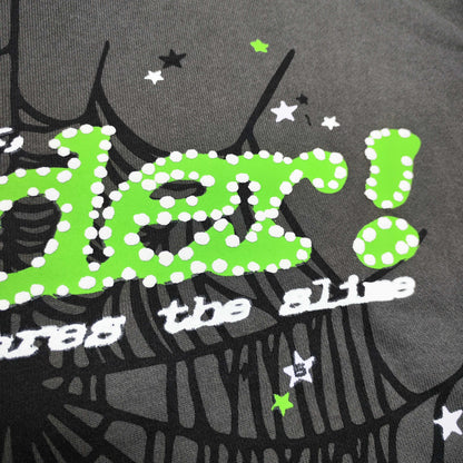 Full front artwork on Sp5der Punk V2 Hoodie Slate Grey with green puff logo and black spider web
Close-up of neon-green SP5DER puff-print lettering with white dot details on the Slate Grey Hoodie
Side angle showing the three-dimensional neon-green puff-print texture on Sp5der Punk V2 Hoodie
Close-up of black spider-web artwork on the front of Sp5der Punk V2 Hoodie Slate Grey