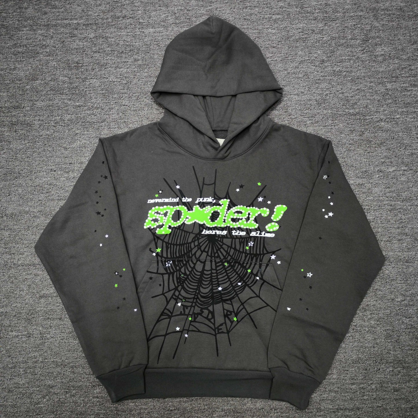 Sp5der Punk V2 Hoodie Slate Grey front view with neon-green lettering, black web and scattered stars